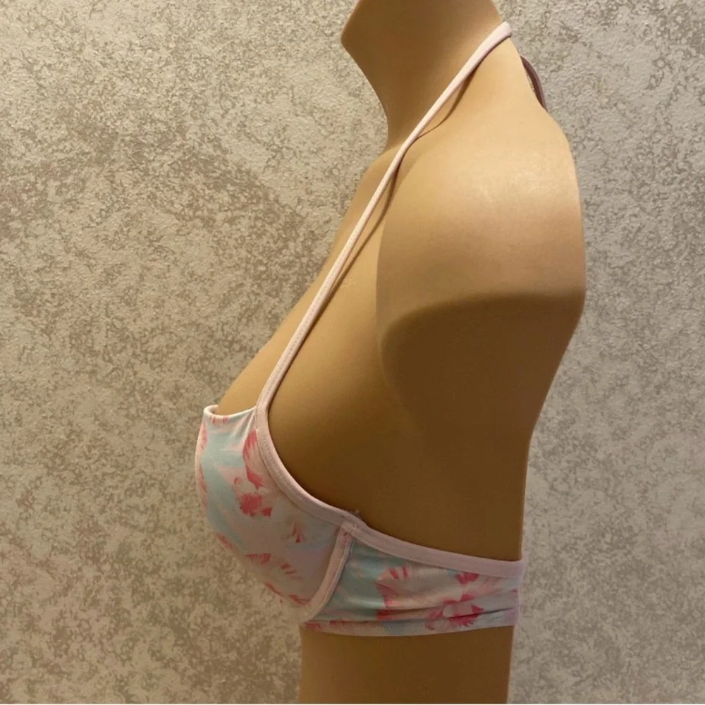 Hollister Light Blue & Pink Floral Halter Bikini Top with Center Bow